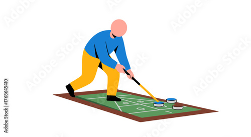 Shuffleboard Game Illustration Depicting Player Aiming With A Yellow Cue Stick
