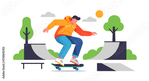 Skateboarder Doing a Trick at the Skatepark with Trees and a Sunny Day