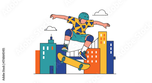 Skateboarder Performing Jump Aerial Trick Over The Rooftops Of Bright Hued Buildings