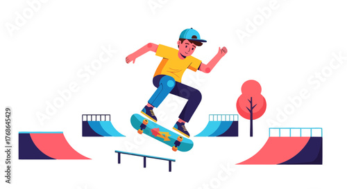 Skateboarder Performing Jump Over Skate Park Obstacles During Sunny Day Activity