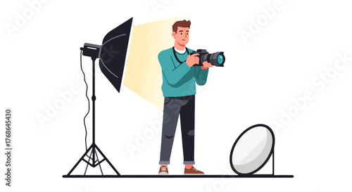 Professional Photographer Capturing Moments With Studio Lighting on Black Backdrop