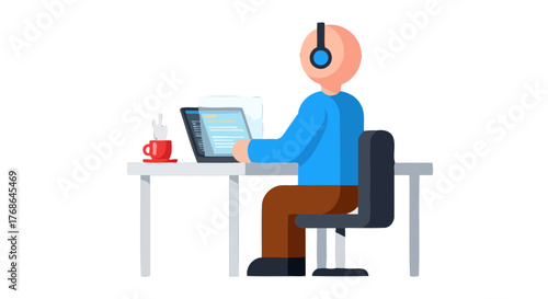 Programmer Concentrating On The Coding Process While Listening Music With Headsets