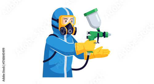 Protective Suit Artisan Performing Paint Application With Spray Gun Against Dark Background