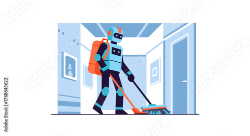 Robot Cleaner Efficiently Sweeping Floor In Modern Corridor Creating Cleanliness and Order