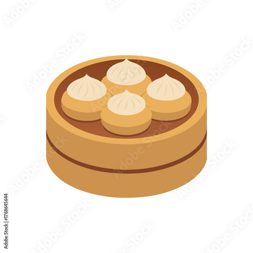 a beautifully arranged plate of Dim Sum, featuring a variety of dumplings and buns in a bamboo steamer vector illustration