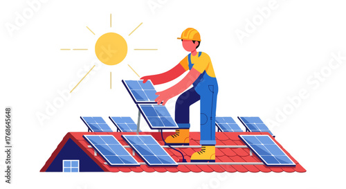 Solar Panel Installation: Technician Securing Renewable Energy System Under Sunlight