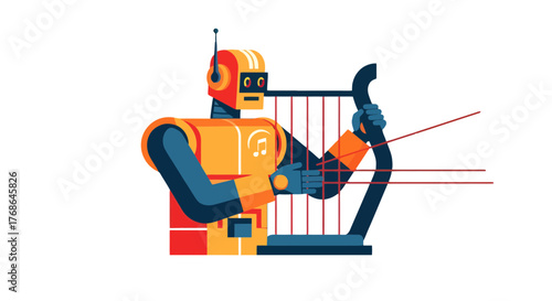 Robotic Musician Playing a Harp: A Futuristic Image with a Musical Tone