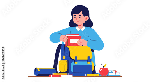 Student Placing Book In Backpack, Representing Starting School Or Educational Concepts