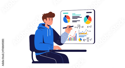 Student Studying Complex Mathematics Equations and Statistical Diagrams for Education