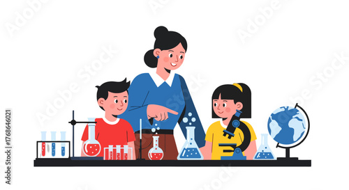 Students And Teacher Doing Scientific Experiments In A Laboratory Together With Passion