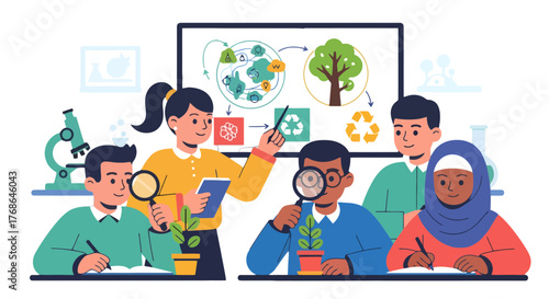 Students And Teacher Exploring Environmental Science And Nature Together In Classroom