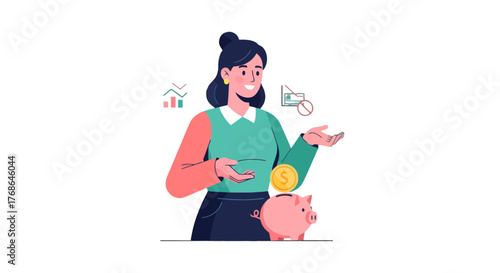 Saving For Future: Woman Putting Coin Into Piggy Bank For Economic Growth