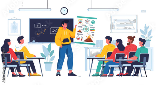 Students Attend Lectures And Visualize The Presentation Graphics With Teacher