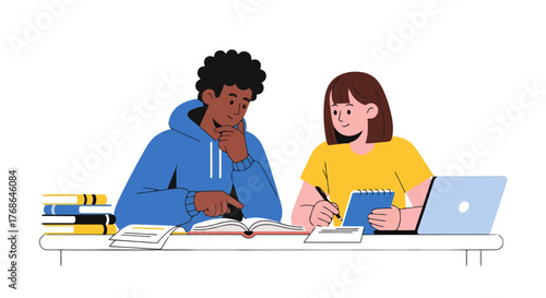 Students Collaborating For A Study Session With Books Computer Notepad And Study Aids