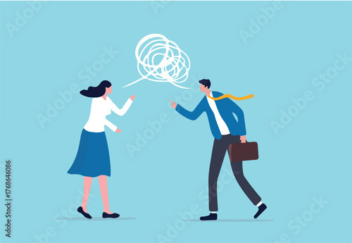 Different opinion, conflict or argument in meeting discussion debate, disagreement or fight, challenge dialog concept, businessman and woman colleague arguing different opinion to find out solution.