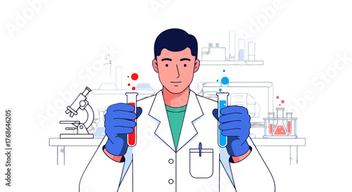 Scientist Conducting Laboratory Research with Test Tubes, Modern Scientific Illustration