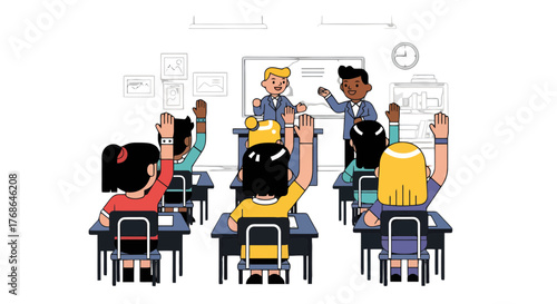 Students Raising Hands In Classroom As Teachers Give Lesson On Education