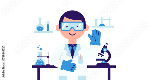 Scientist Designs Experiment With Chemistry Equipment Illustration On Black Backdrop Graphics