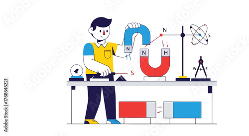 Scientist Demonstrating Magnetism Experiments In A Modern, Eye-Catching And Clean Illustration