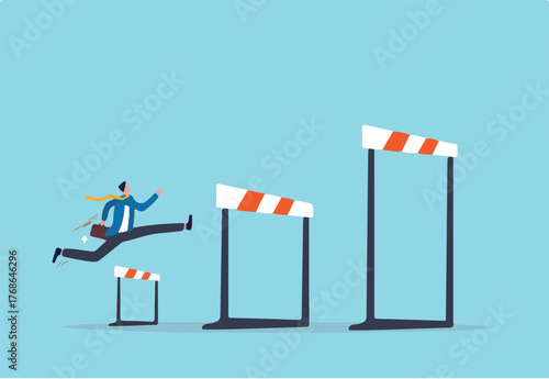 Business challenge, overcome difficulty or obstacle to achieve business success, effort, skill or aspiration to solve problem concept, ambitious businessman jump over hurdles to find higher obstacles.