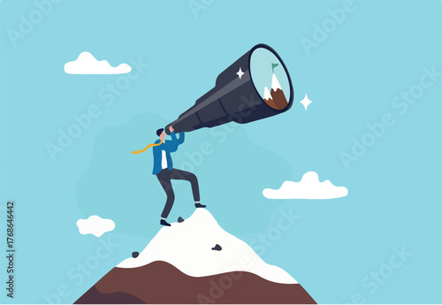 Ambition to aim high and achieve business goal, motivation to success, challenge and determination for victory concept, ambitious businessman look through telescope for mountain peak target.