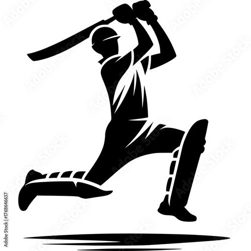 Dynamic Cricket Silhouette: A stylized black and white illustration of a cricket player in action, embodying the energy and precision of the sport. The player is caught mid-swing.