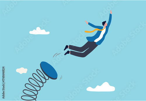 Boost up business growth, improvement, career path or job promote to higher position concept, confidence businessman leader jumping springboard up high in the sky.