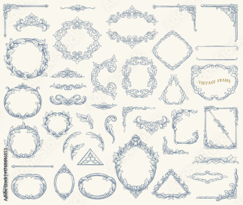 Vintage Baroque Victorian frame border, frame flower pattern vector floral engraved scroll ornament leaf retro decorative design. filigree calligraphic heraldic shield swirl