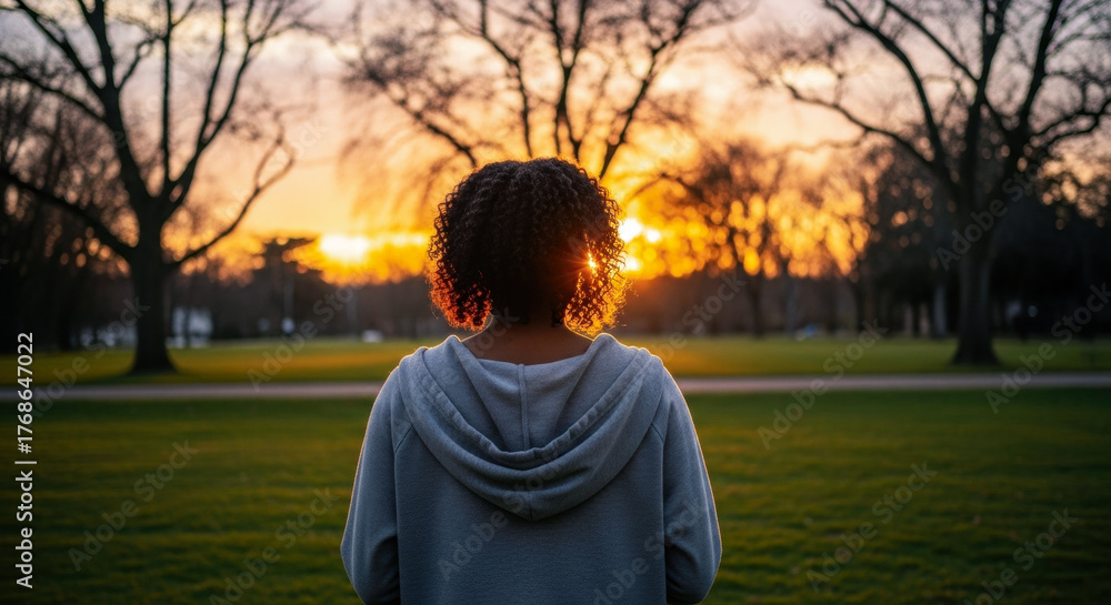 Fototapeta premium African female adult standing on green grass, facing a vibrant sunset with bare trees in the background.