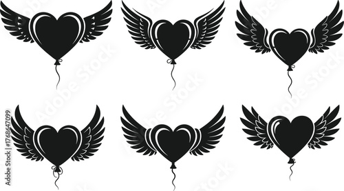 Winged heart balloon, romantic silhouette, vector illustration, love symbol, flight motif, black icon, fantasy design, emotional art, celebration decor