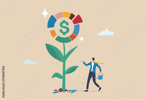 Investment portfolio, asset allocation to build passive income, wealth management or mutual fund planning, investment growth concept, businessman watering grow plant of investing portfolio pie chart.
