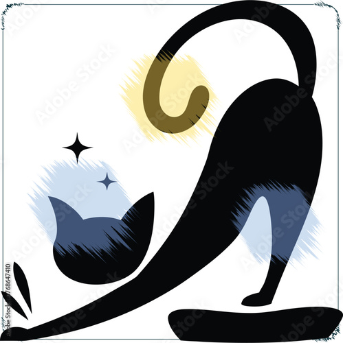 Elegant cat stretching gracefully artistic design feline yoga posture in abstract form with sparkling stars and a playful aesthetic celebrating animal movement