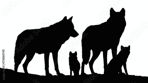 Silhouette of a wolf pack including adults and pups vector illustration isolated on white background