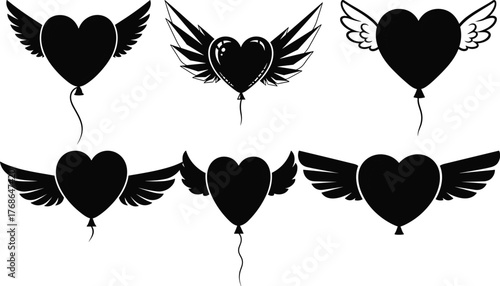 Winged heart balloon, romantic silhouette, vector illustration, love symbol, fantasy design, black icon, flight motif, decorative concept, emotion art