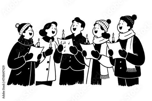 Five cheerful people singing carols while holding candles, hand-drawn style, on white background. Concept of festive winter holiday tradition