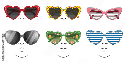 Stylish sunglasses, heart frames, cat-eye glasses, fashion face, pop art, trendy eyewear, vector icon, minimal portrait, illustration, design