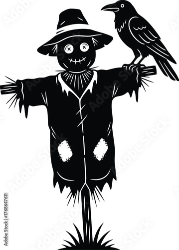 Spooky scarecrow with a crow silhouette on white background