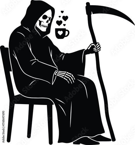 Grim reaper sitting with scythe and potion