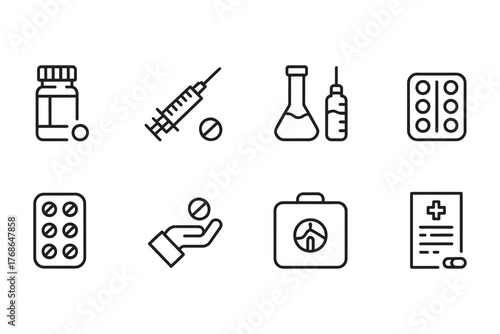 Medical and healthcare icons with first aid kit and pills Keywords: medical, healthcare, medicine