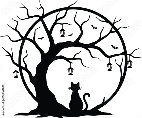 Silhouette of a black cat under a spooky tree within a circular frame