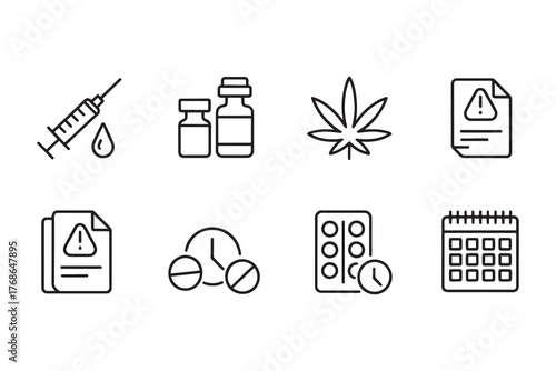 Medical and pharmaceutical icons including syringe pills and marijuana leaf Keywords: medical