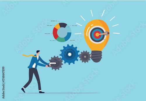 Project initiation or project management, research or implement business idea to see result, effort to develop idea and business goal concept, businessman turn cog wheels to light up lightbulb idea.