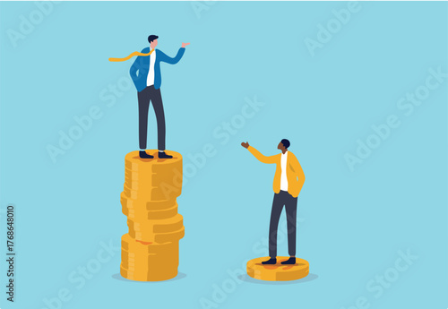 Economic inequality, rich and poor gap, unfairness income, different money people being paid concept, white rich businessman standing on high salary coins tower with poor black man on low coins stack.