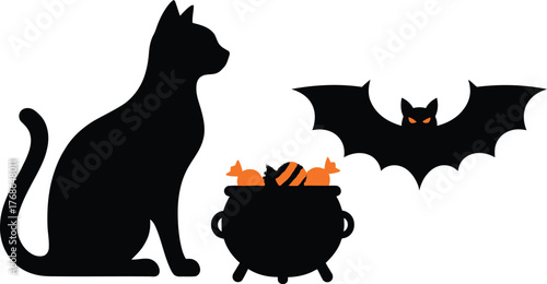 Black cat and bat silhouette with cauldron for halloween