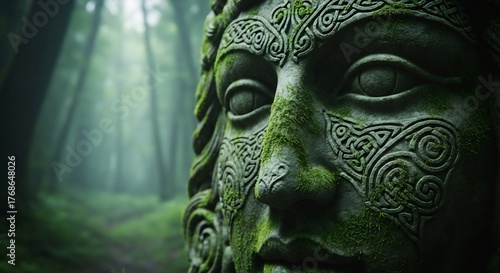 Mystical Celtic statue in a foggy forest, evoking ancient wisdom and tranquility. Ideal for fantasy, mythology, paganism, or nature-themed projects. Suitable for St. Patrick's Day.