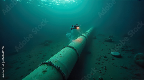Underwater drone exploring damaged gas pipeline, with drama and environmental concern. Underwater drone examines pipeline, detecting potential faults and risks within submerged gas infrastructure.