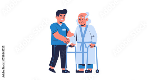 Supporting Hands: A Caregiver Assists an Elderly Person With Walking Assistance