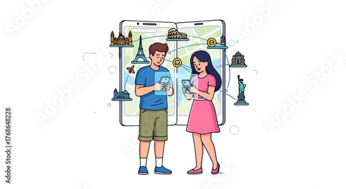 Tourists Discovering Landmarks And Planning Their Vacation Using Mobile Applications Easily