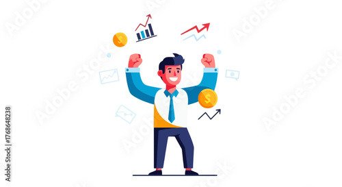Triumphant Business Man Celebrates Success Amidst Financial Growth and Positive Trends