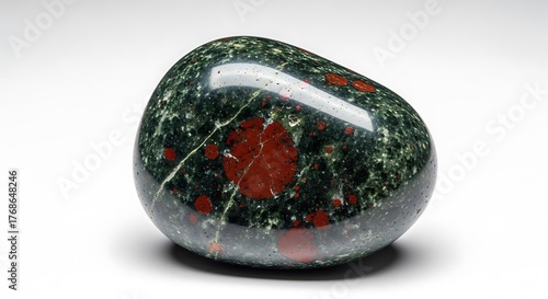 Polished green bloodstone gemstone with red inclusions on white background image